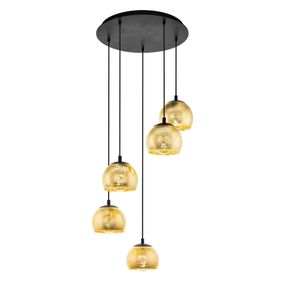 EGLO Závesná lampa Albaraccin, päť tienidiel, zlatá, Obývacia izba / jedáleň, oceľ, sklo, E27, 40W