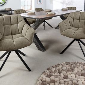 Estila Dizajnová otočná retro stolička do jedálne Mariposa s olivovo zeleným čalúnením a čiernymi kovovými nohami 83cm