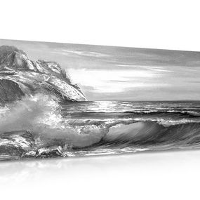 Obraz morské vlny na pobreží v čiernobielom prevedení - 120x60