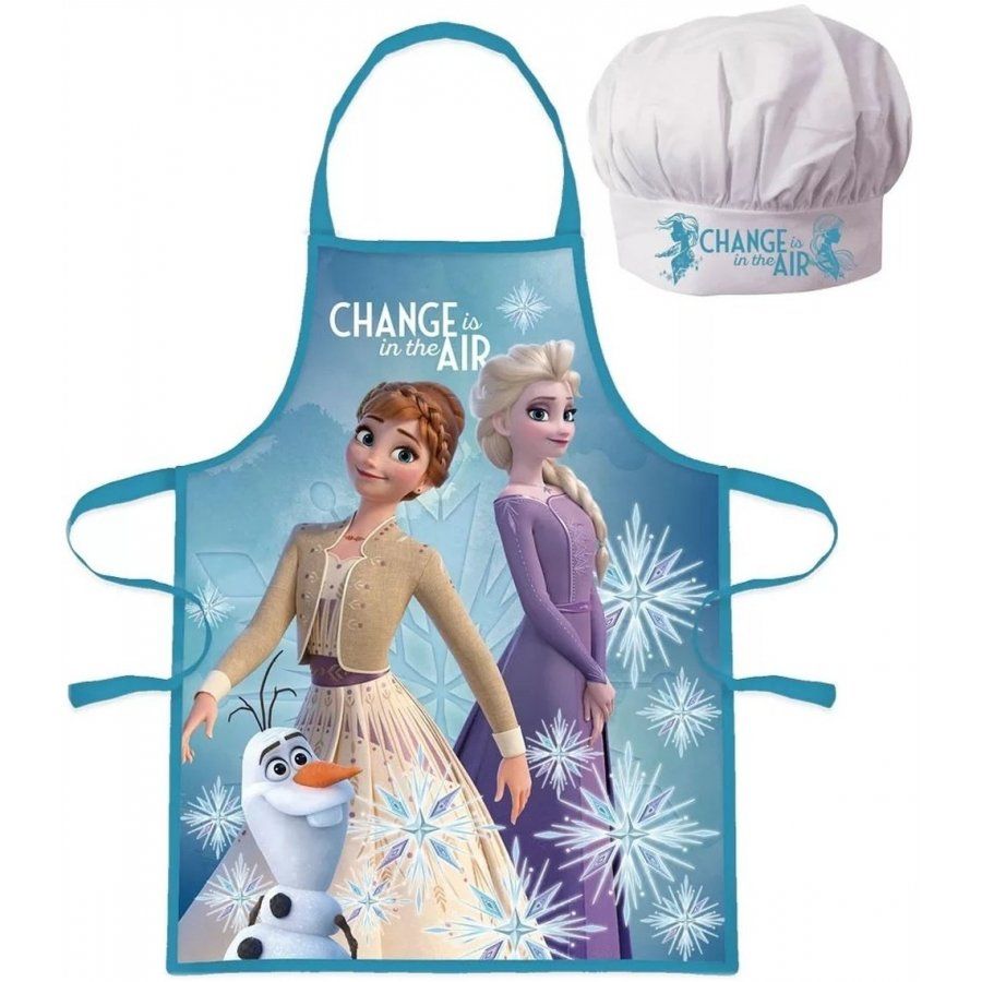 EUROSWAN · Detská / dievčenská zástera s kuchárskou čiapkou Ľadové kráľovstvo 2 - Frozen 2 - motív Anna a Elsa s Olafom - pre deti 3 - 8 ro