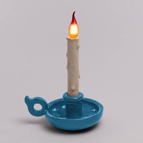 SELETTI Stolová LED lampa Grimm Bugia tvar sviečky modrá, Obývacia izba / jedáleň, syntetická živica, E14, 3W, K: 40.5cm