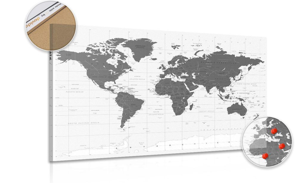 Obraz na korku politická mapa sveta v čiernobielom prevedení - 120x80