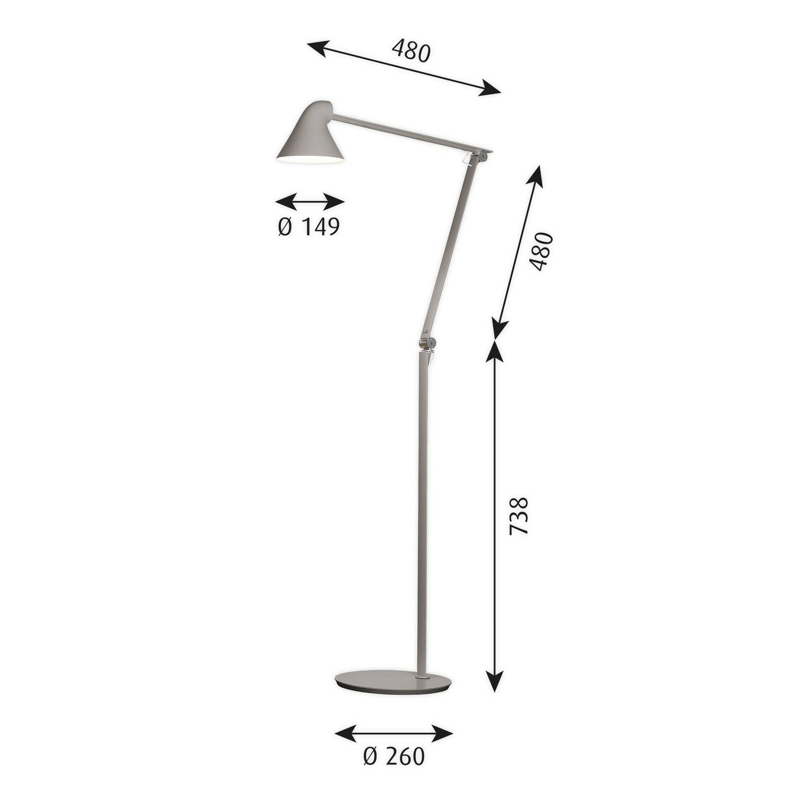 Louis Poulsen NJP stojaca LED lampa 2 700 K sivá, Obývacia izba / jedáleň, anodovaný hliník, oceľ, 10W, K: 121.8cm