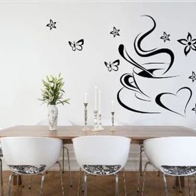 DomTextilu Nálepka na stenu do kuchyne šálka kávy so srdcom a motýľmi 50 x 100 cm