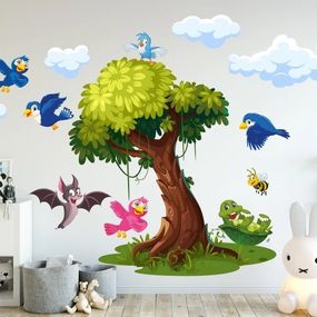DomTextilu Nálepka na stenu pre deti strom a veselé vtáčiky 100 x 200 cm