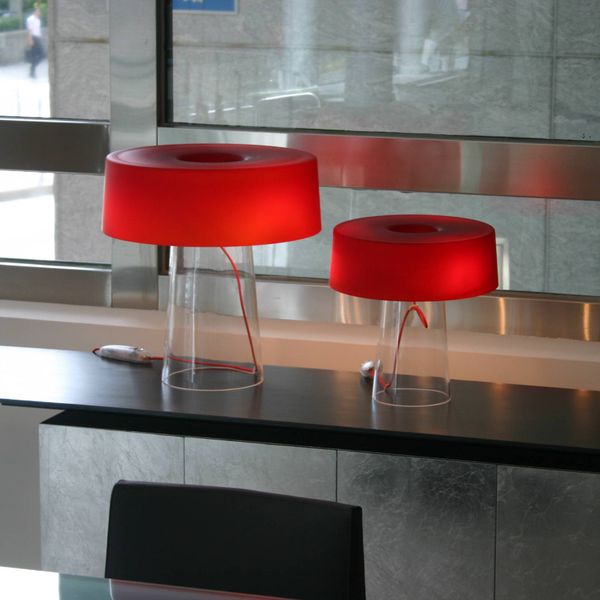 Prandina Glam stolová lampa 48 cm číra/červená, Obývacia izba / jedáleň, ručne fúkané sklo, G9, 60W, K: 48cm