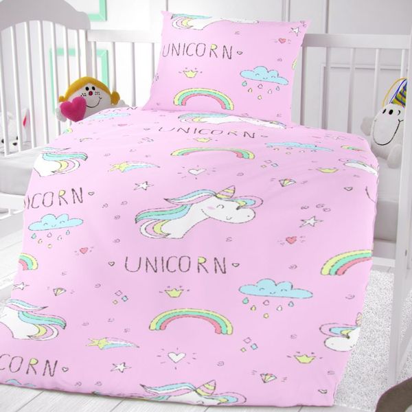 Bavlnené obliečky do detskej postieľky Unicorn rúžový 90x135/45x60 cm