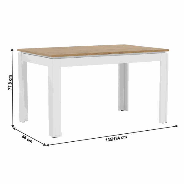 Rozkladací stôl, biela/dub wotan 135-184x86 cm, VILGO