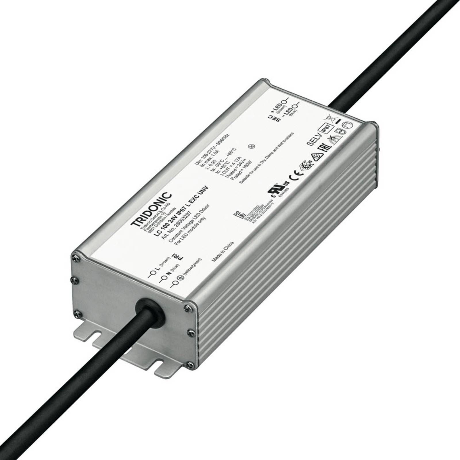 TRIDONIC LED budič LC 100 W 24V IP67 L EXC UNV, hliník, P: 17.8 cm, L: 6.8 cm, K: 3.9cm