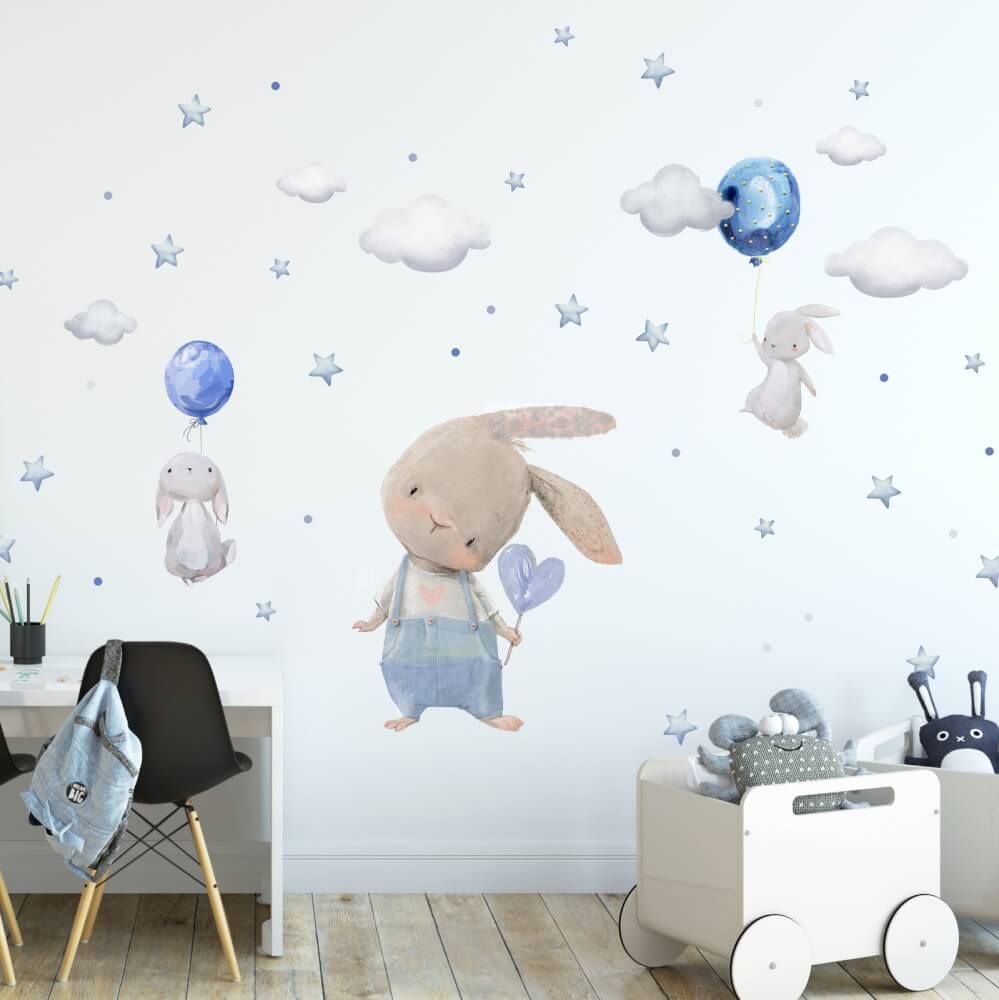 Nálepka na stenu - Modré zajačiky s balónmi