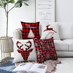 Súprava 4 vianočných žinylkových obliečok na vankúš Minimalist Cushion Covers Xmas Tartan, 55 x 55 cm