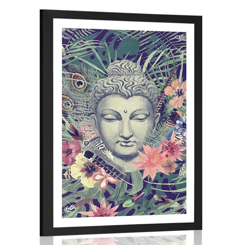 Plagát s paspartou Budha na exotickom pozadí - 40x60 black