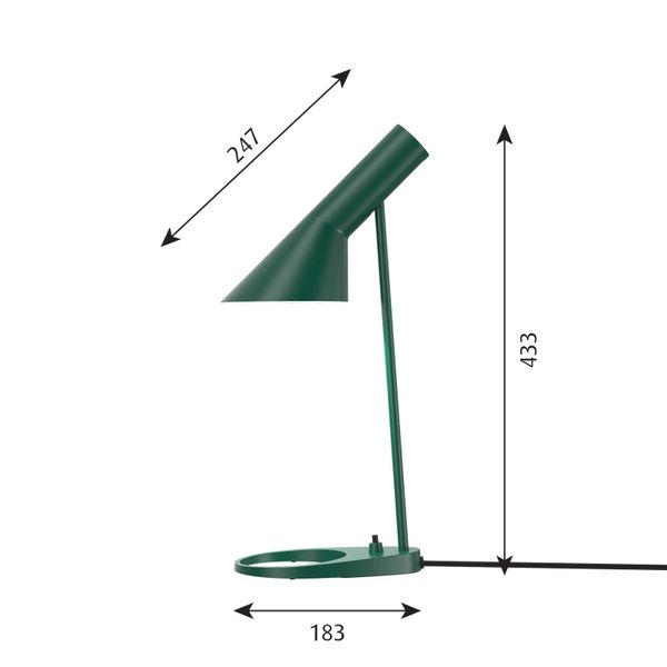 Louis Poulsen AJ Mini stolová lampa, tmavozelená, Obývacia izba / jedáleň, oceľ, zinkový tlakový odliatok, E14, 20W, K: 43.3cm