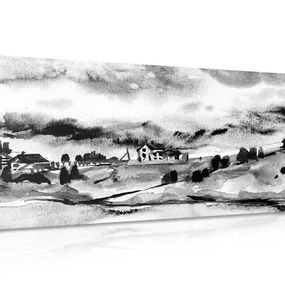 Obraz akvarelová dedinka v čiernobielom prevedení - 120x60