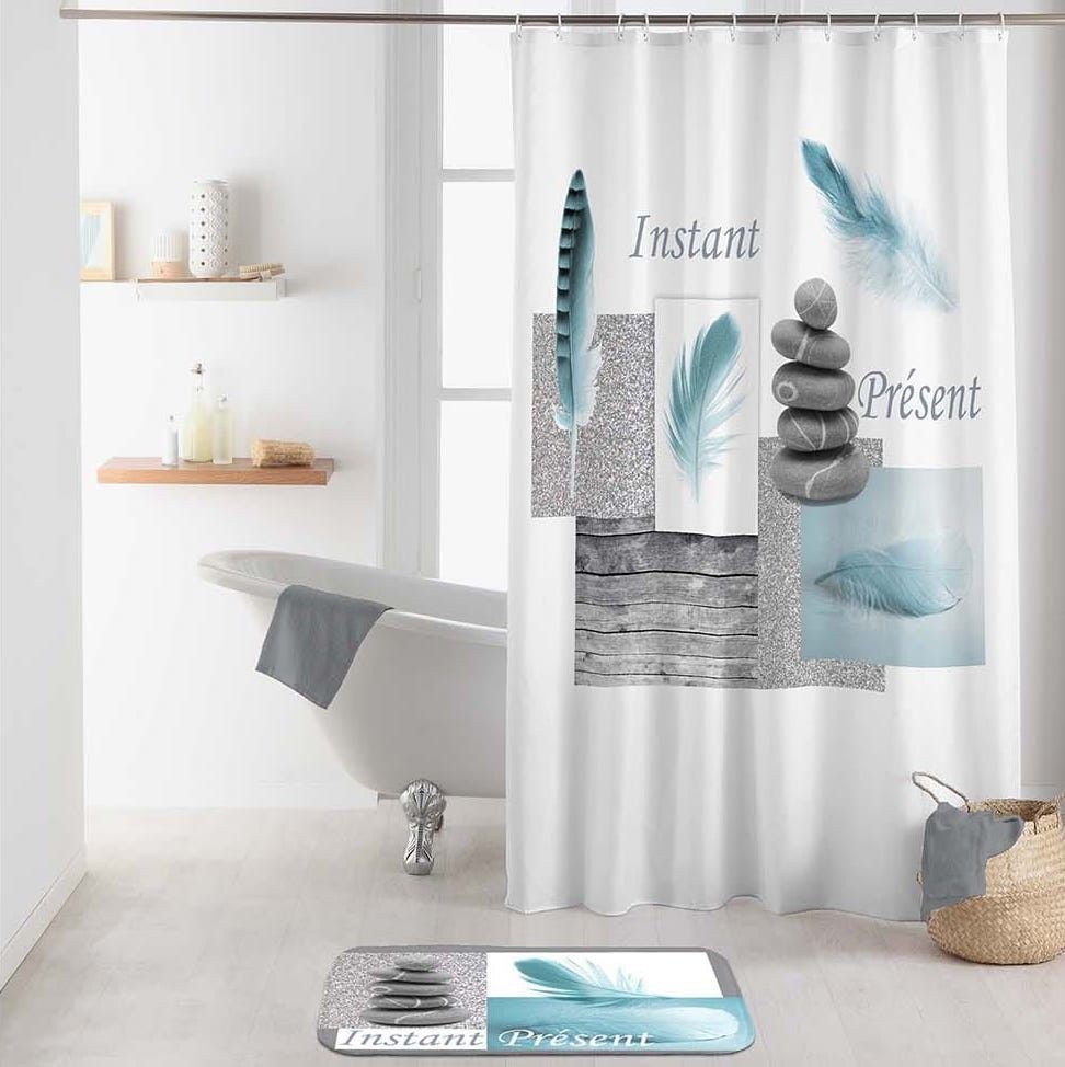 Moderný bielo tyrkysový nepremokavý záves do sprchy s motívom ZEN 180 x 200 cm