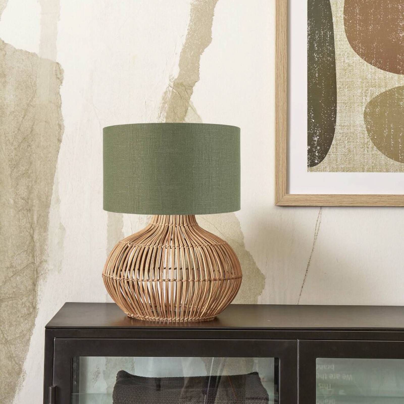 Good & Mojo GOOD MOJO Kalahari stolová lampa, 32 cm, zelená, Obývacia izba / jedáleň, ratan, ľan, E27, 40W, K: 48cm