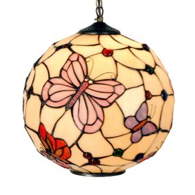 Clayre&Eef Závesná lampa Rosy Butterfly v štýle Tiffany, Obývacia izba / jedáleň, sklo, kov, E27, 60W, K: 30cm