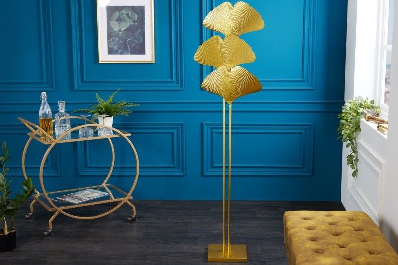 Estila Dizajnová glamour stojaca lampa Ginko zlatej farby z kovu s ozdobnými listami ginka 160cm