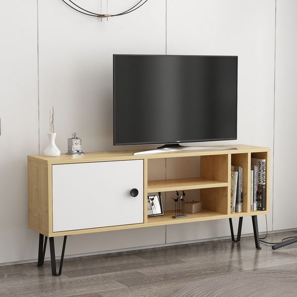 Biely/prírodný TV stolík v dekore duba 120x52 cm Arven - Kalune Design