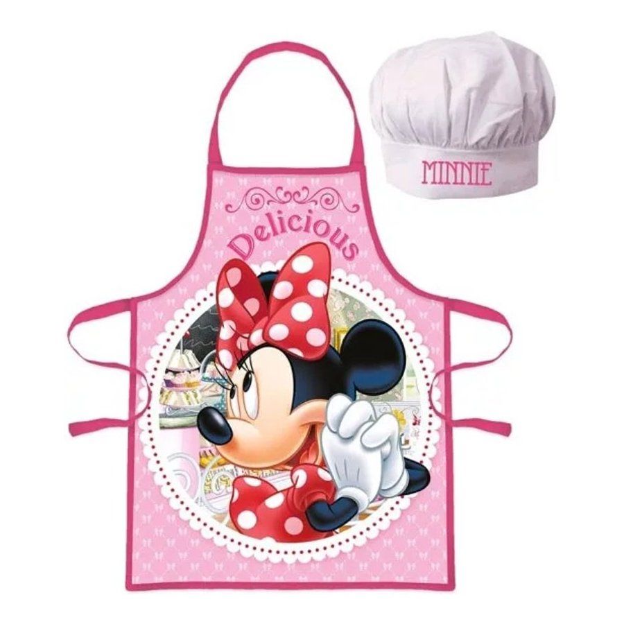 EUROSWAN · Detská / dievčenská zástera s kuchárskou čiapkou Minnie Mouse - Disney - motív Delicious - pre deti 3 - 8 rokov