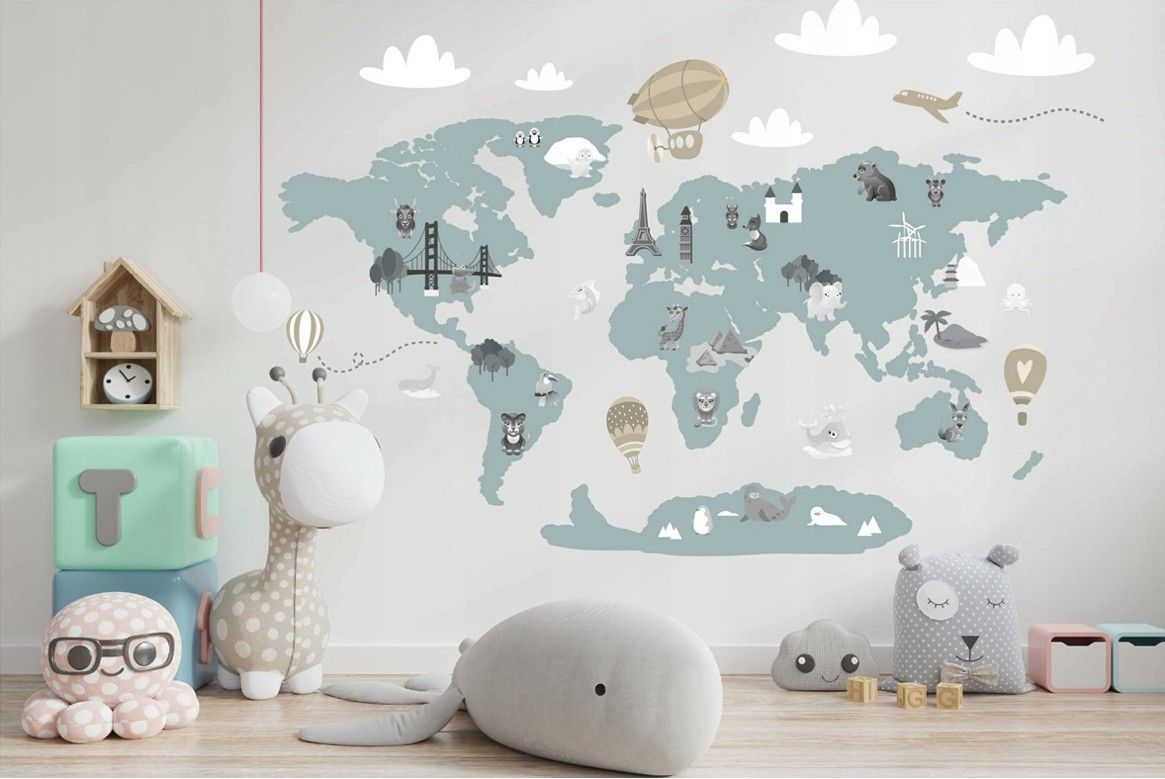 DomTextilu Moderná detská nálepka na stenu v jemnej pastelovej farbe mapa sveta 80 x 160 cm