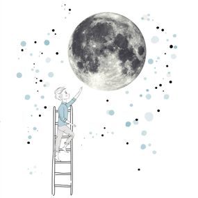 Samolepka na stenu - Mesiac a chlapec v modrej farbe, veľká nálepka