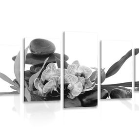 5-dielny obraz orchidea v Zen zátiší v čiernobielom prevedení