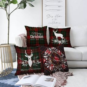 Súprava 4 vianočných žinylkových obliečok na vankúš Minimalist Cushion Covers Tartan Merry Christmas, 55 x 55 cm