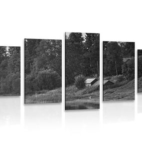 5-dielny obraz rozprávkové domčeky pri rieke v čiernobielom prevedení