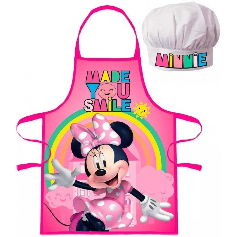 EUROSWAN · Detská / dievčenská zástera s kuchárskou čiapkou Minnie Mouse - Disney - motív s dúhou - pre deti 3 - 8 rokov