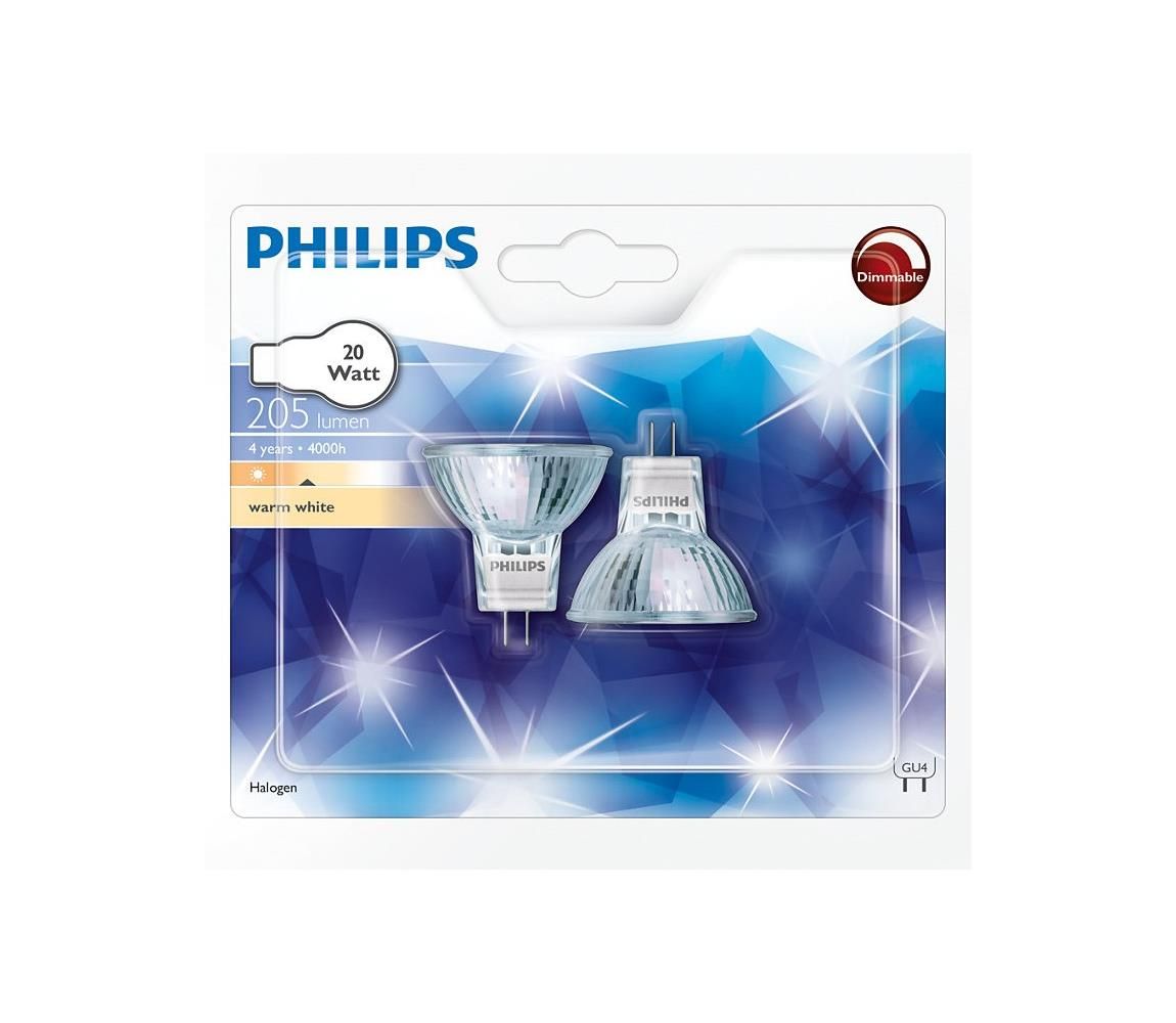 SADA 2x Priemyselná žiarovka Philips HALOGEN GU4/20W/12V 3000K