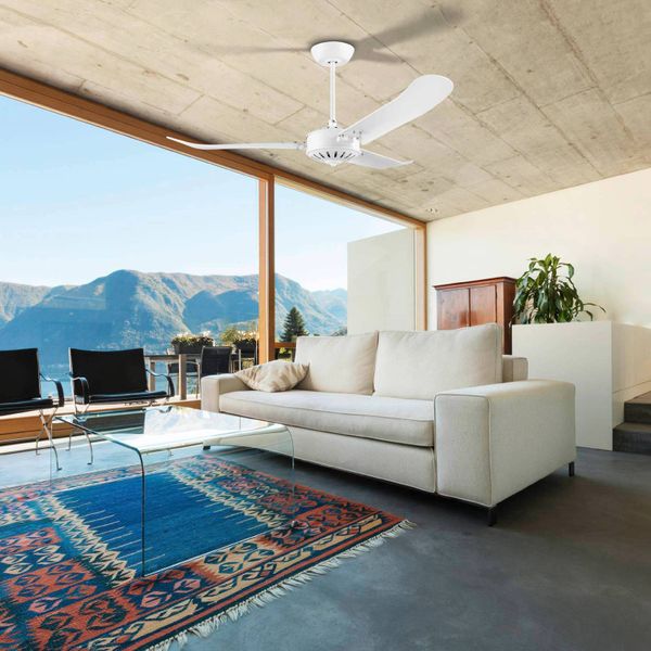 EGLO Stropný ventilátor Hoi An, biely, matný, Obývacia izba / jedáleň, laminované drevo, hliníkový odliatok, K: 42cm