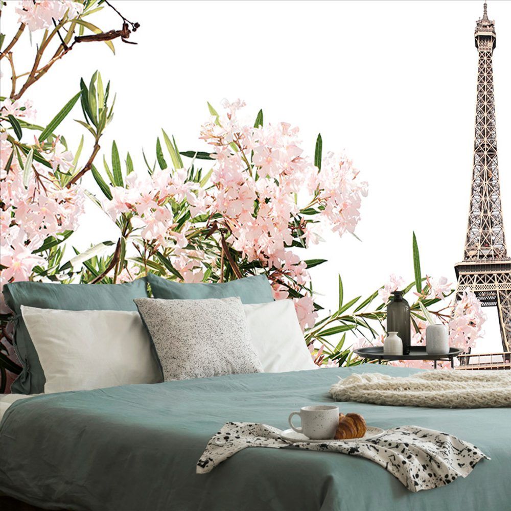 Samolepiaca fototapeta Eiffelova veža a ružové kvety - 150x100