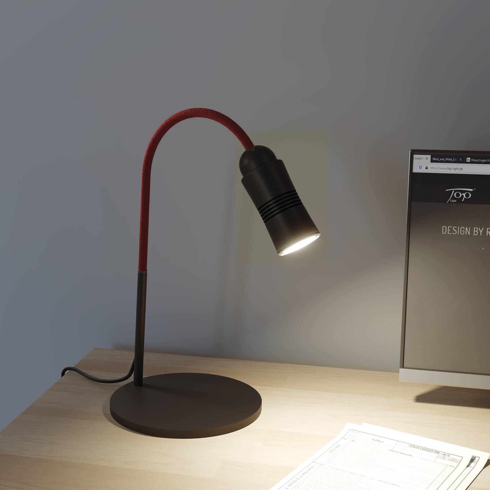 Top Light Neo! Table LED lampa stmievateľná čierna/červená, Pracovňa / Kancelária, hliník, textil, sklo, 14W, L: 24 cm, K: 87cm