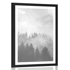 Plagát s paspartou hmla nad lesom v čiernobielom prevedení - 20x30 black