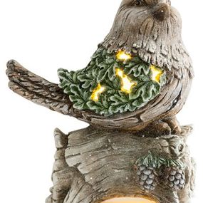 Dekorácia MagicHome Vianoce, Sýkorka na kmeni, 9 LED, 3xAAA, keramika, 22x21,50x40 cm