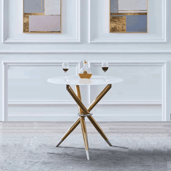 Jedálenský stôl/kávový stolík,  biela/gold chróm zlatý, priemer 80 cm, DONIO
