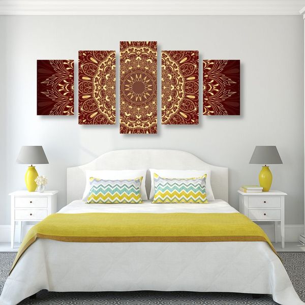 5-dielny obraz zlatá Mandala na bordovom pozadí