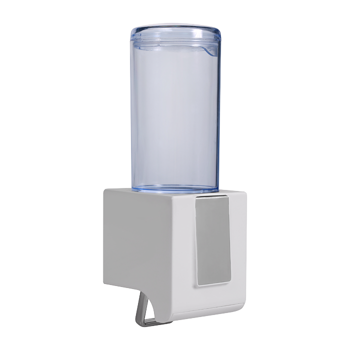 Sanela - Dávkovač tekutého mydla a gélovej dezinfekcie s dávkovacím ventilom, objem 0,5l, materiál biely a transparentný plast ABS