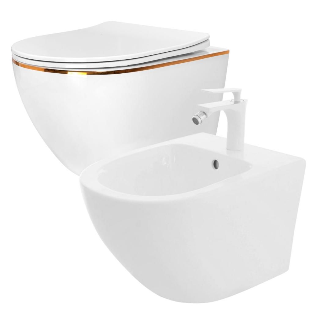 REA/S - SET závesné WC Carlo Flat Mini Gold Edge Rimless + Bidet Carlo Mini REA-C1222 + REA-C2276