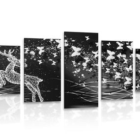 5-dielny obraz nádherný jeleň s motýľmi v čiernobielom prevedení - 100x50