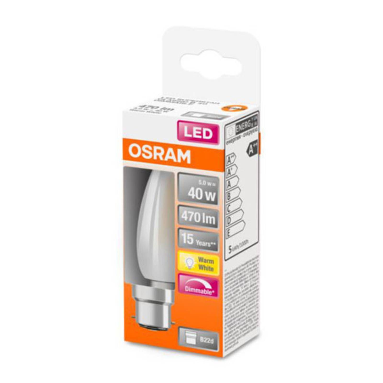 OSRAM LED sviečková žiarovka B22d 5W 2.700K matná, B22, 5W, Energialuokka: F, P: 9.4 cm