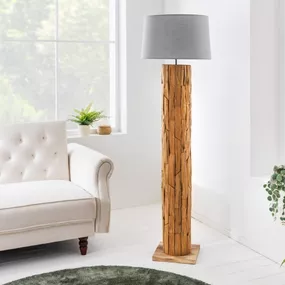 Estila Stojaca vysoká lampa Treety II z teakového masívu vo vidieckom štýle so sivým tienidlom 175cm