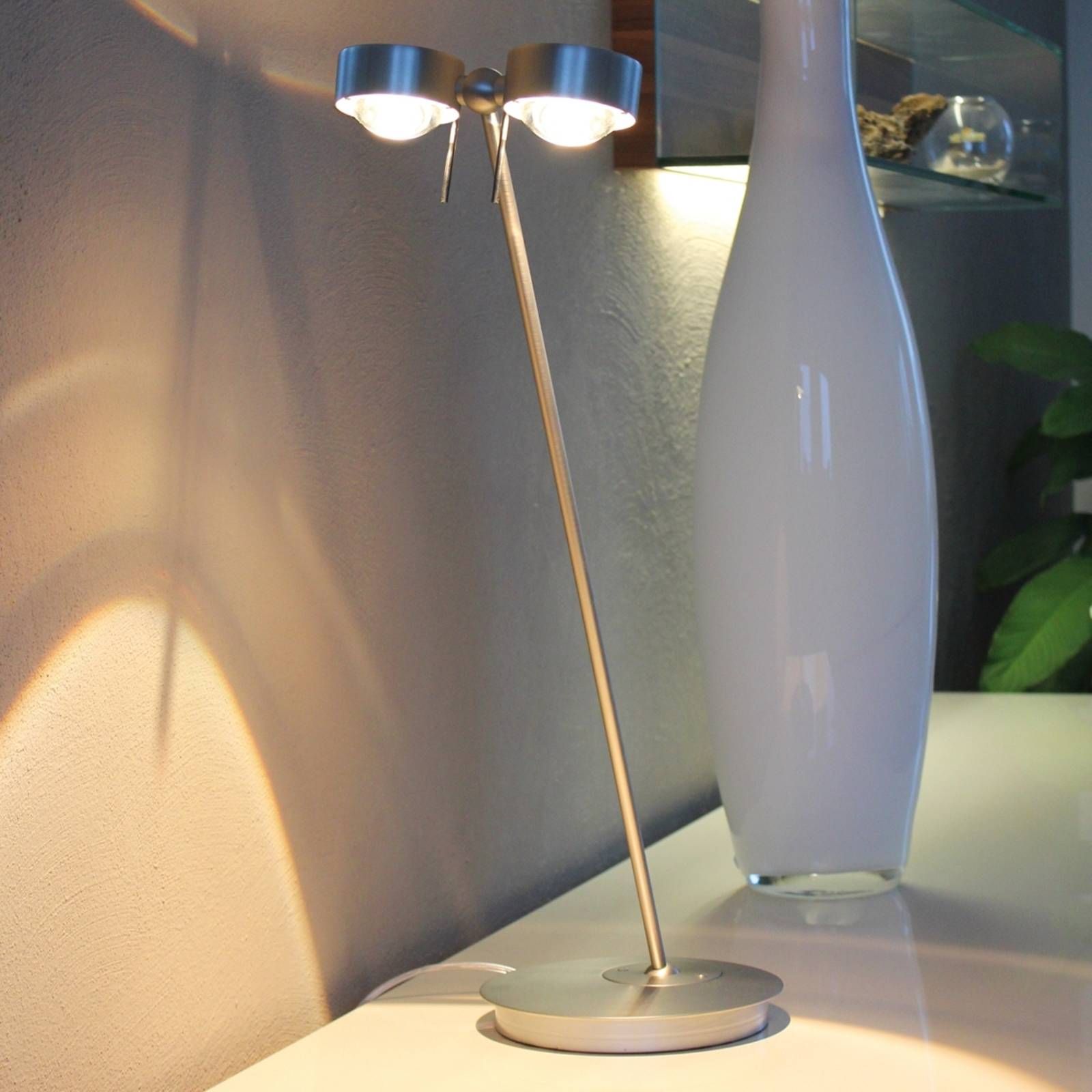 Top Light 2-plameňová stolná lampa PUK TABLE, matný chróm, Obývacia izba / jedáleň, kov, sklo, G9, 48W