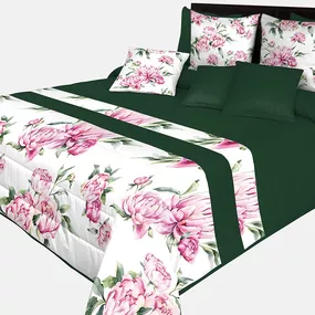 DomTextilu Prehoz na posteľ v krásnej tmavo zelenej farbe s potlačou ružových kvetín a zelených listov Šírka: 220 cm | Dĺžka: 240 cm 65869-239587