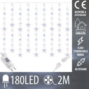 Vianočná LED svetelná záclona na spájanie vonkajšia FLASH - hviezdy - 180LED - 2M Studená biela/Modrá