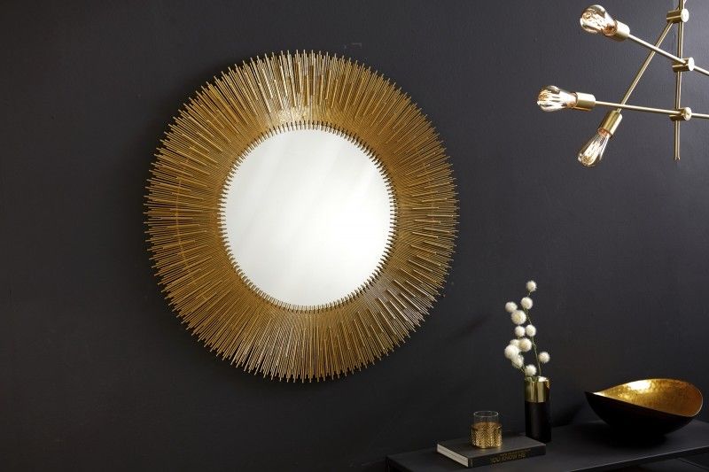 Estila Art-deco kruhové zrkadlo Pariah s kovovým rámom v tvare lúčov zlatej farby 92cm