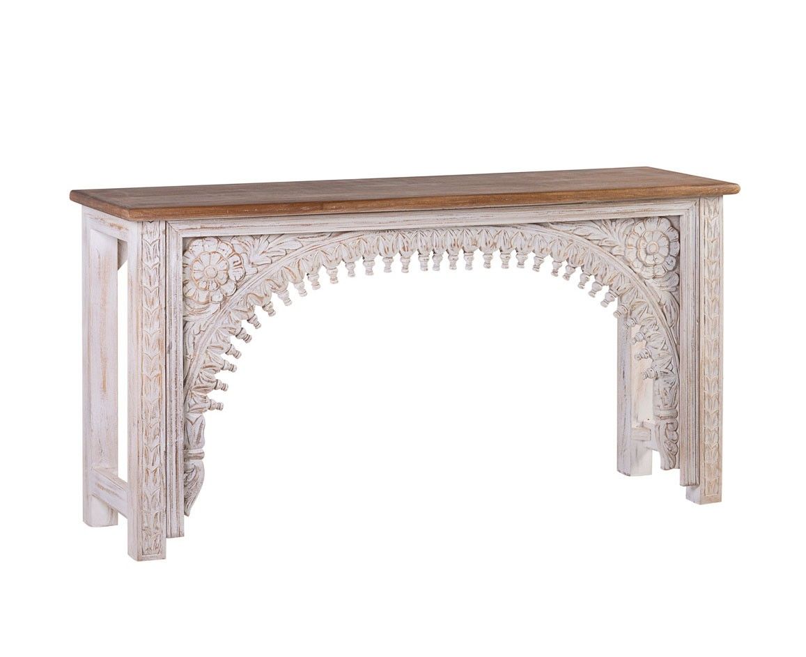 Estila Luxusný orientálny konzolový stolík Keralia z mangového masívneho dreva v bielo-hnedom prevedení s vyrezávaným zdobením 150cm