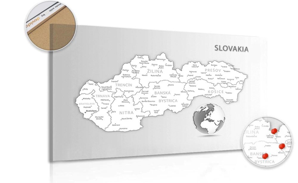 Obraz na korku čiernobiela mapa Slovenskej republiky - 90x60  metallic