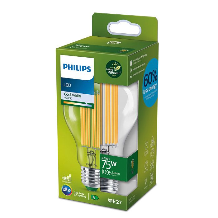 Philips 8719514435698 LED žiarovka E27 5,2W/75W 1095lm 4000K A70 filament  A-class